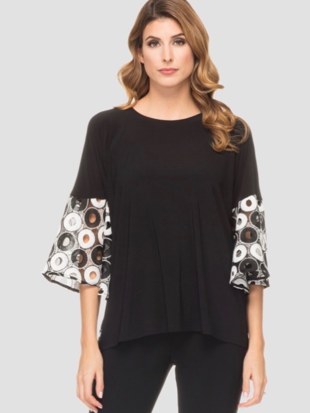 NWOT Joseph Ribkoff Black Statement Blouse with Circle Lace Sleeves
